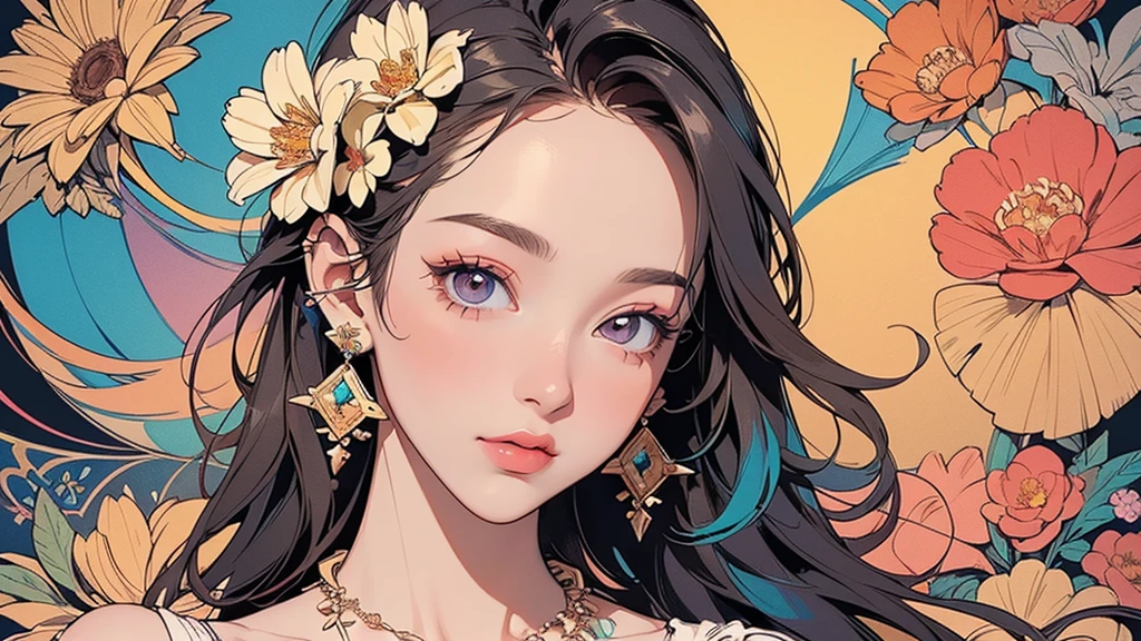 32K, 最高quality, 最高masterpiece, (ultra-Detailed Background, Detailed Background), High resolution, Super detailed, Very detailedな, 1 personの, (bouquet:1.3), (Tangled:1.2), (Geometric:1.2),(colorful),(masterpiece, quality, best quality, Official Art, Beautiful and beautiful:1.2), (1 person:1.3), Very detailed,(colorful:1.1)(Flowers:1.3),Most detailed,(Tangled:1.2), whole body, (Abstract background:1.3), (Skin glows), (Many colors:1.4), ,(Earrings Jewelry:1.5), Gradient Background, It's imaginative., Flaxen Hair,