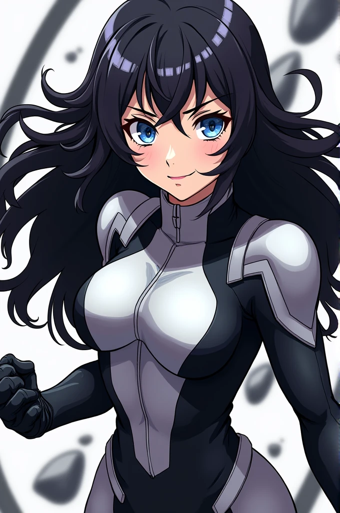 boku no hero screenshot. young woman. Blue eyes with a lilac sparkle. shoulder length wavy black hair. Glued heroine costume. black and white. All terrain boots.