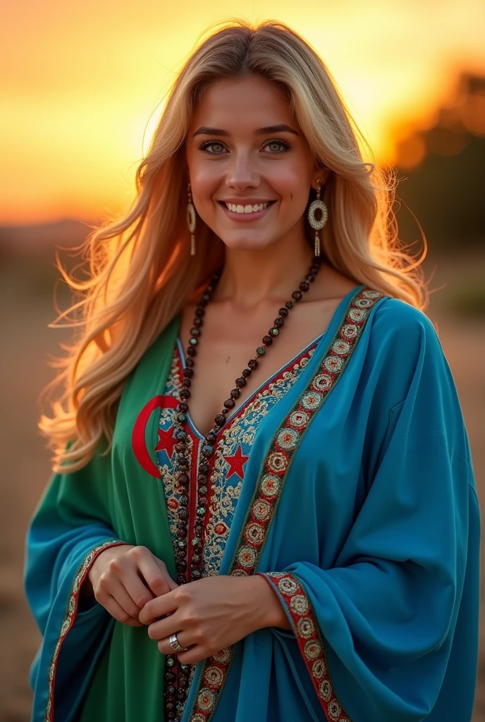 Close up, woman, blonde, plump, green eyes, wearing a latest style blue embroidered and decorated caftan, holding the Algerian flag around her neck in white and green, looking directly at the camera, she is standing in the sunset