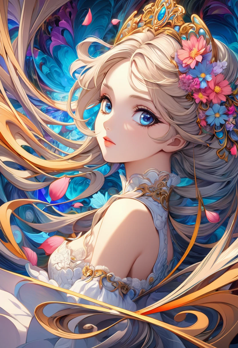 (One girl, alone, From the side From the side), Very detailed, (Abstract background, Tangled, Fractal Art:1.3), (Colorful, colorful:1.1), (Fater, petal, Flowers Bloom:1.3), Dynamic Pose, 耳Nipple Ring，Portrait of a Princess, , In the art style of Bouwater, Baroque style fluffy skirt，Fantasy art style, Beautiful fantasy maiden，Exquisite and perfect facial features，Beautiful and delicate eyes，Long eyelashes，Delicate eyeliner，blue eyes，Dark pupils，，There&#39;s a light in the eye，Almond Eyes，Beautiful lip detail，8K high-resolution cutting method correction，Oil painting, thick paint style，Messy black hair，cottage in the woods，colorful birds