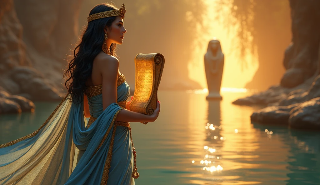 Isis, au bord du Nil, vêtue de bleu et d'or, tenant un papyrus lumineux. Derrière elle, une lumière dorée émane du sarcophage flottant d'Osiris.