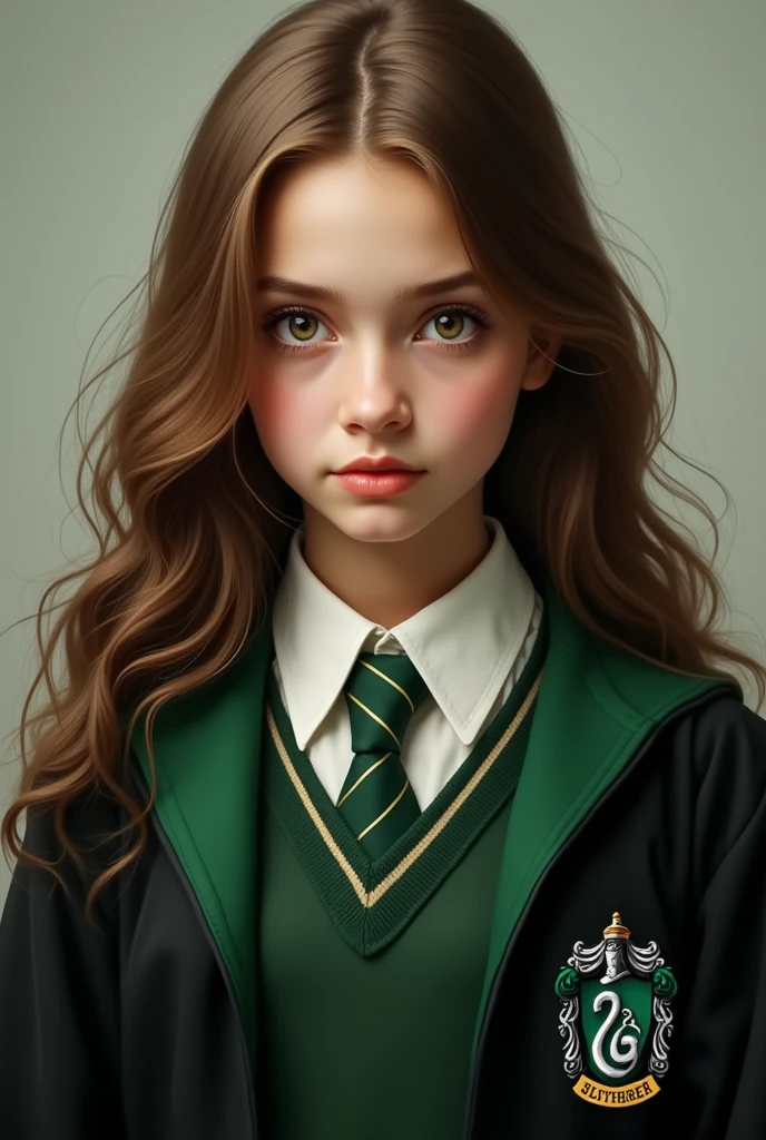 makes a brown-haired girl, very beautiful in slytherin uniform
