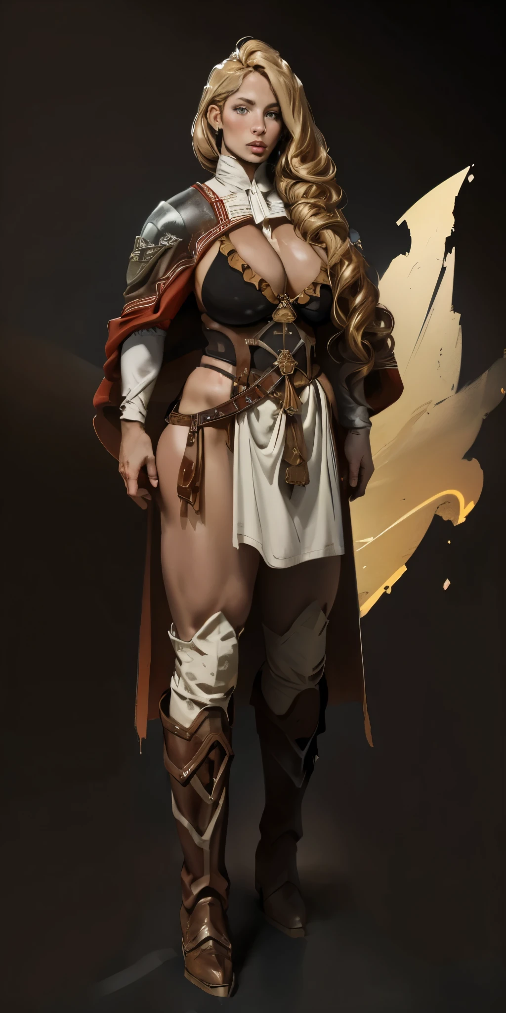 (masterpiece, best quality) (black background) full body standind straight symmetrical, FEMALE warrior princess Mercedez Von Martritz, twin big belt around waist, long curly blonde hair, very white skin, female wearing full body bikini armor with red cape, brown leather boots, adventurer outfit, veteran warrior milf bimbo