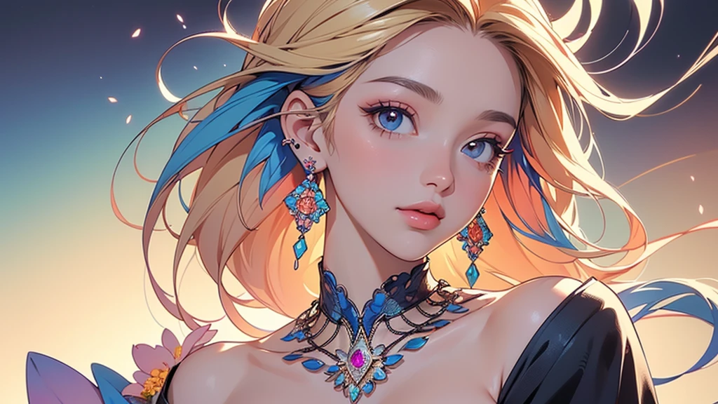 32K, 最高quality, 最高masterpiece, (ultra-Detailed Background, Detailed Background), High resolution, Super detailed, Very detailedな, 1 personの, (bouquet:1.3), (Tangled:1.2), (Geometric:1.2),(colorful),(masterpiece, quality, best quality, Official Art, Beautiful and beautiful:1.2), (1 person:1.3), Very detailed,(colorful:1.1)(Flowers:1.3),Most detailed,(Tangled:1.2), whole body, (Abstract background:1.3), (Skin glows), (Many colors:1.4), ,(Earrings Jewelry:1.5), Gradient Background, It's imaginative., Flaxen Hair,