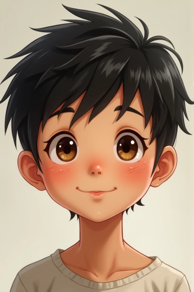 round face, Brown eyes ,low visual weight, black hair ,acne