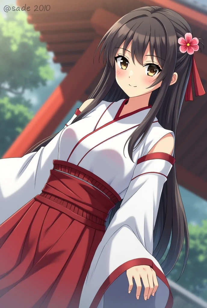 girl in white and red shrine maiden, enchanting, Flower in hair, long hair, refined movements, At a hotspring, cleavage is visable , angelic smile, defined curves, playfully flirting and leaning forward.