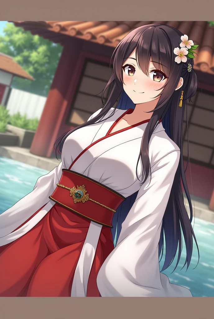 girl in white and red shrine maiden, enchanting, Flower in hair, long hair, refined movements, At a hotspring, cleavage is visable , angelic smile, defined curves, playfully flirting and leaning forward.