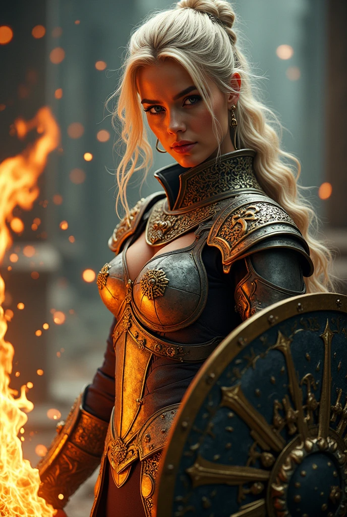 Great quality, masterpiece, Highest quality, Very detailed, Very detailed, Ultra-high resolution, 32K　Girl　Clear and beautiful eyes　masterpiece　mysterious
, Wearing armor with a wonderful texture, Gold, black and silver armor, Glowing flaming sword in hand,  Soft colors, blonde, Dragon Shoulder　Fire-breathing Dragon Sword　Stylish gorgeous demonic gauntlets　Cinema Lighting　Realistic　Clear, beautiful eyes　8k.Crystal Shoulder Pads, Very detailed　Black and Gold Demonic Shield　Full body pose　Pose to greet the enemy