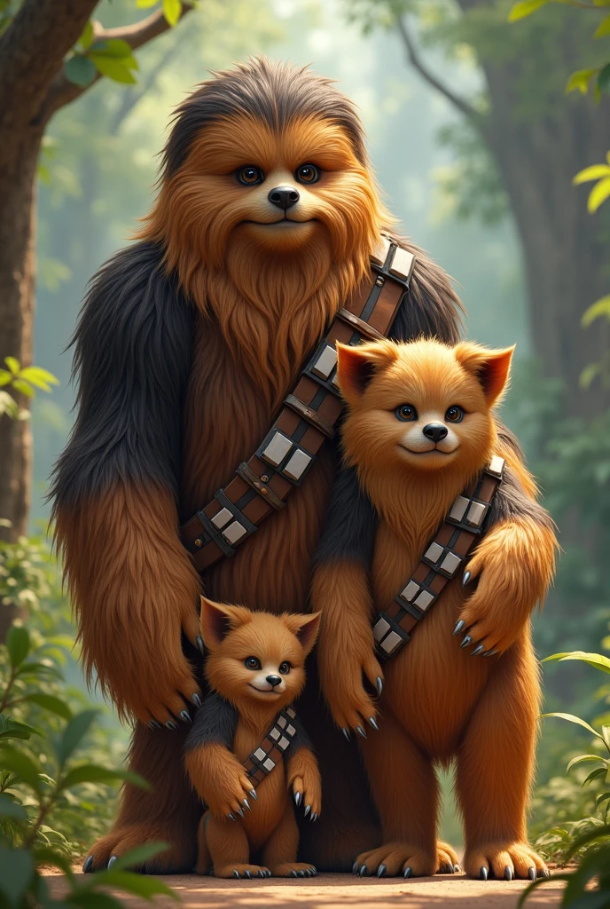 Generate an image of a family of chewbacas with a parent, a mother, a daughter of and a daughter of .