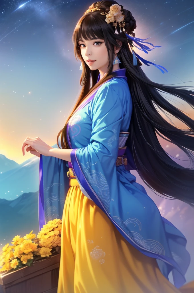 Starry sky landscape、shooting star、Outdoor、 Han Dynasty Landscape、Three Kingdoms、(Highest quality,4K,8k,High resolution,masterpiece:1.2)、Very detailed, High resolution,、Hyper HD、Studio Lighting、Ultra-fine painting、 Sharp focus、 Physically Based Rendering、 Very detailed説明、 Professional、 Vibrant colors、Traditional Chinese Painting Techniques、 Atmospheric lighting、 Vivid color contrast、 Ethereal atmosphere、Very detailed目と顔、 Beautiful attention to detail、 Light on the face、Hanfuを着た少女、(Hanfu: 1.1)、Eyes are green、(((1 girl)))、Dancing on the mountaintop