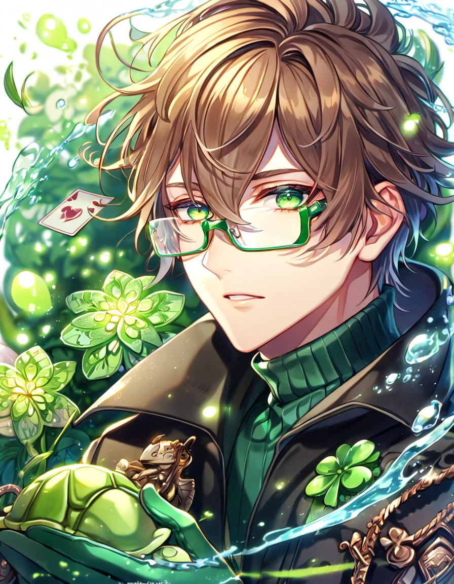 absurdres, highres, ultra detailed, HDR, master piece, Kent, mousy brown hair, messy hair, expressive green eyes, square glasses, black long jacket with turtle neck, green gloves, Amnesia Memories, sexy man, handsome, best quality, green blossoms, green petals, green flowers, fantasy, magical, green shining fireflies, solo, water, clover of cards,