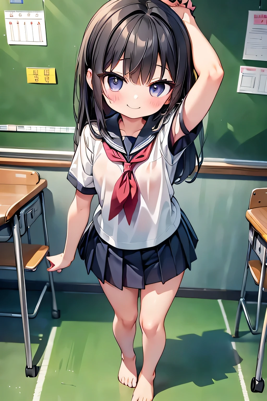 one person、((Young))、Long Black Hair、With bangs、Height 100 cm、((1st grade elementary school students))、smile、Big eyes、barefoot、School、black eye、cute、Short sleeve、School uniform、(small body)、Short legs、classroom、(small stature)、Get closer to the camera、Armpits are visible、Sweaty、With legs apart