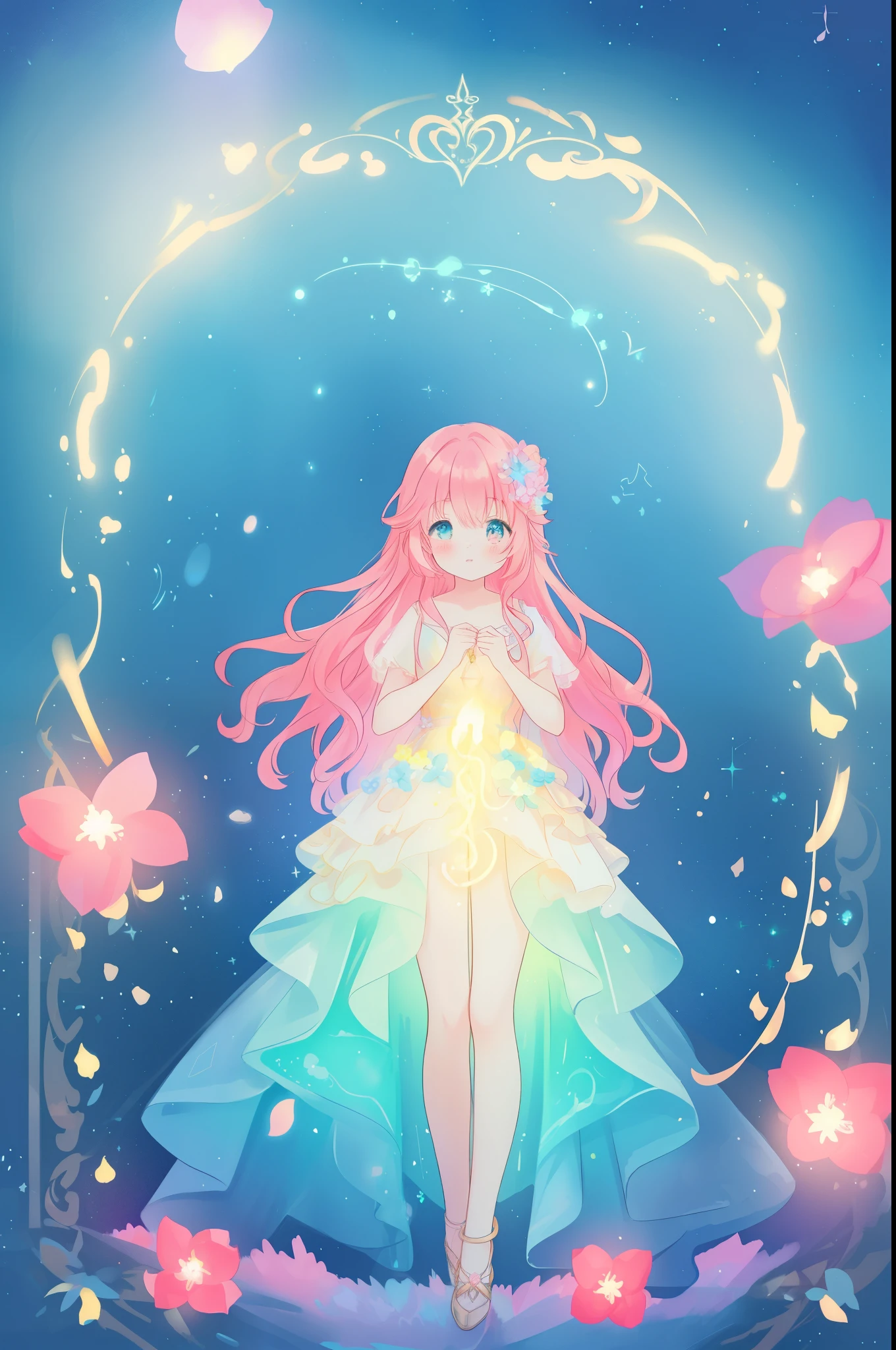 beautiful anime girl in flowing layered ballgown, vibrant pastel colors, (colorful), magical lights, magical flowers, flowers, glowing lights, red pink long wavy hair, sparkling lines of light, inspired by Glen Keane, inspired by Lois van Baarle, disney art style, by Lois van Baarle, glowing aura around her, by Glen Keane, jen bartel, glowing lights! digital painting, flowing glowing hair, glowing flowing hair, beautiful digital illustration, fantasia background, whimsical, magical, fantasy, beautiful face, ((masterpiece, best quality)), intricate details, highly detailed, sharp focus, 8k resolution, sparkling detailed eyes, liquid watercolor