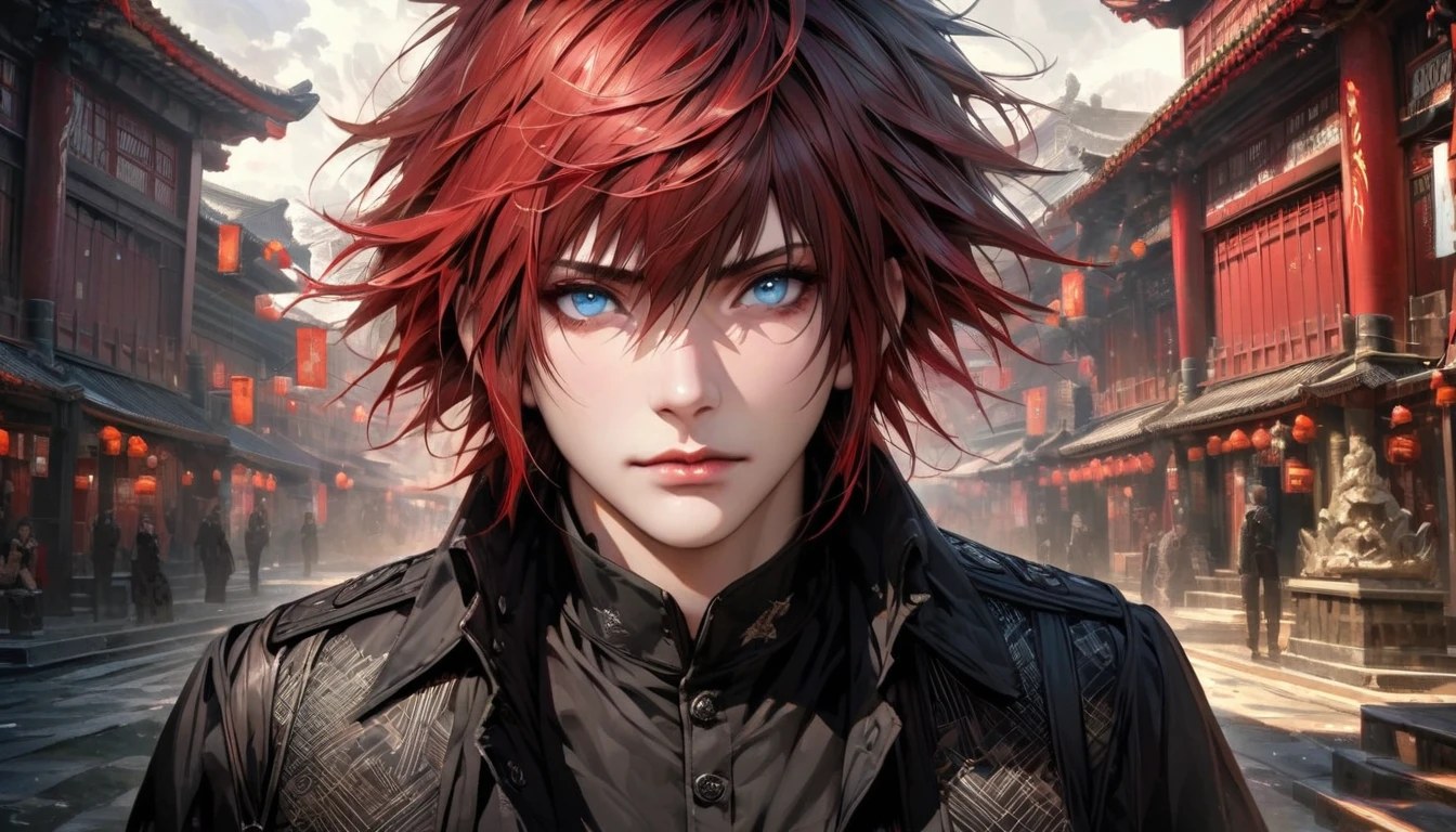 absurdres, highres, ultra detailed, HDR, master piece, best quality, extremely detailed face and eyes, perfect face, realistic face, beautiful eyes, Noctis Lucis Caelum, Red hair, expressive blue eyes, Final Fantasy xv, black jacket, black shirt, patterns, solo, man, handsome. {old japanese temple background}{RED HAIR} {WAIST SHOT}