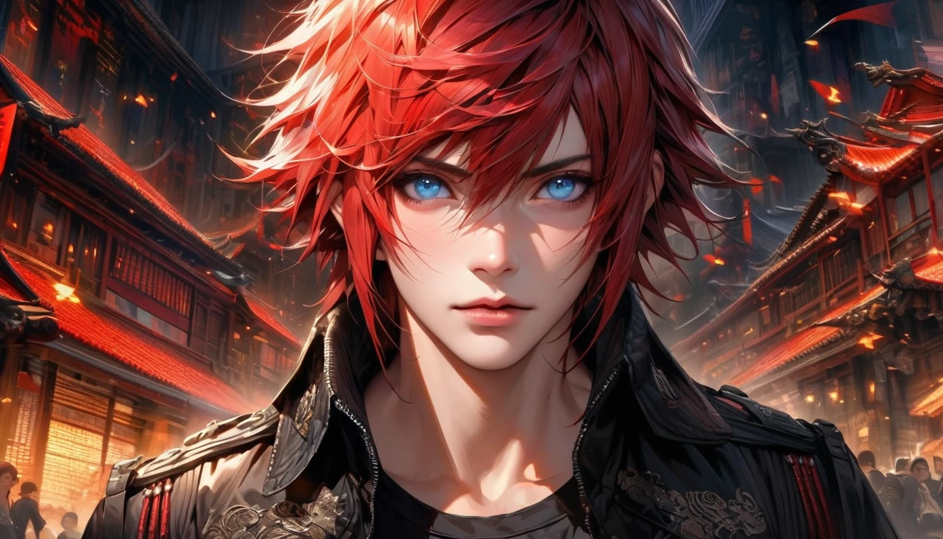 absurdres, highres, ultra detailed, HDR, master piece, best quality, extremely detailed face and eyes, perfect face, realistic face, beautiful eyes, Noctis Lucis Caelum, Red hair, expressive blue eyes, Final Fantasy xv, black jacket, black shirt, patterns, solo, man, handsome. {old japanese temple background}{RED HAIR} {WAIST SHOT}