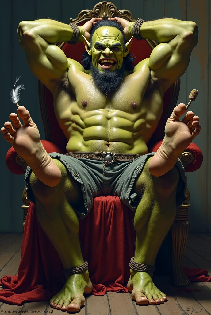 A handsome,Orc with abs tied to a chair,Shoes taken off,Revealing two big bare feet,Both feet are locked in the foot,Feet raised,Keep your feet elevated,The soles of your feet should face the screen,Soles facing forward,Five toes tied with rope in foot,His hands were tied tightly to the chair.,Raise both hands above your head,Exposing the arm socket,His upper body was stripped,Wearing only a pair of trousers,Being tickled by a man in a cap,His armpits were constantly tickled by feathers.,The soles of his feet were being scratched by two brushes.,The toes are also tickled by the feathers growing from the toes.。The abdomen is scratched with a brush,And he laughed(Have an expression of laughing like being tickled,Keep your feet elevated,Raise both hands above your head,Exposing the arm socket,The soles of your feet should face the screen)