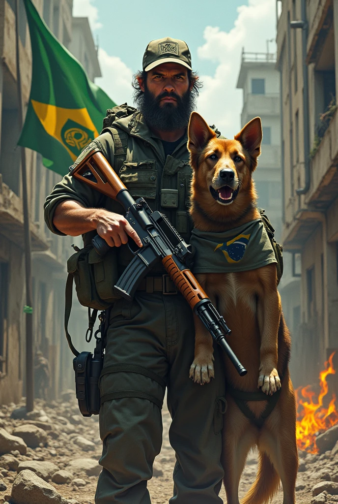 Dog with a Brazilian cap armed style background abandoned buildings with Brazil written on a flag on fire and the guy being white wearing a cap the dog wearing a Brazilian t-shirt