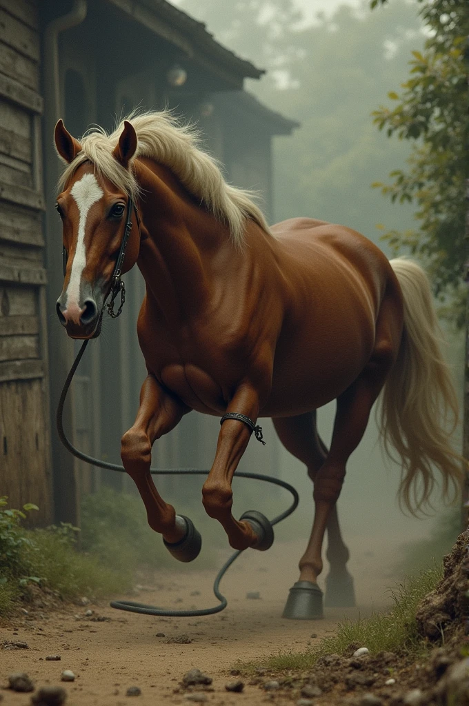 A man puts a hose up a mare's tail and runs away