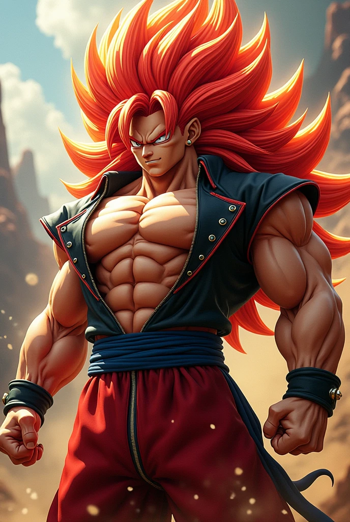 Gogeta ssj4 with red hair wearing red and black designer jacket