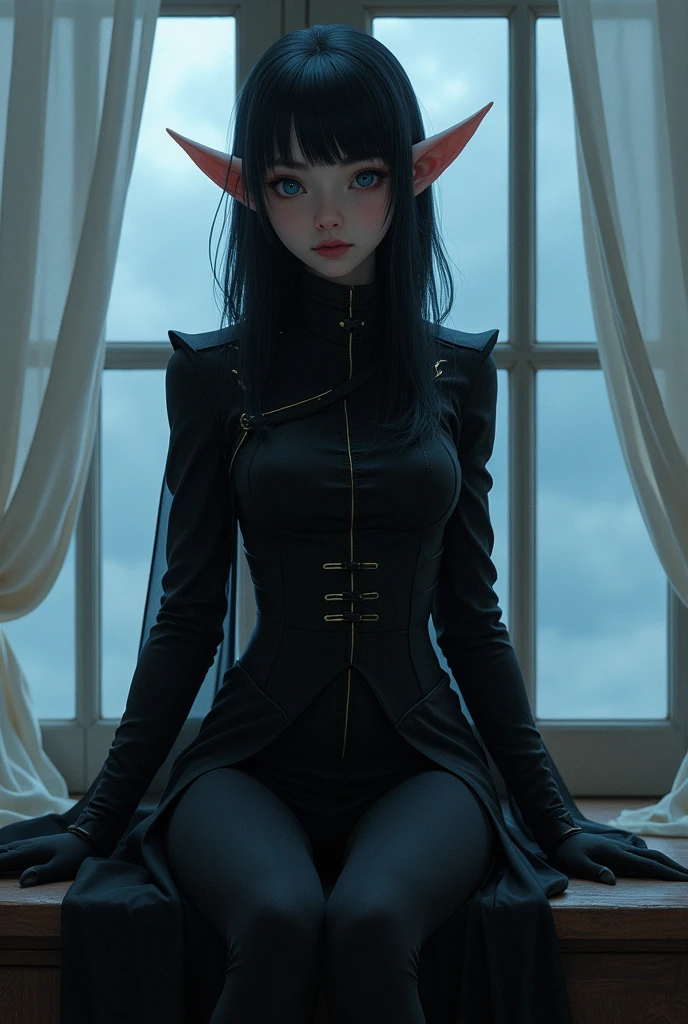 Young Men, imposing,black military clothing. pointy ears. Shoulder length black hair with only the top part pulled back behind her head. blue eyes. fae. pale white skin. Digital art. Sitting on the edge of a window with the night in the background, White curtains fluttering in the night wind.