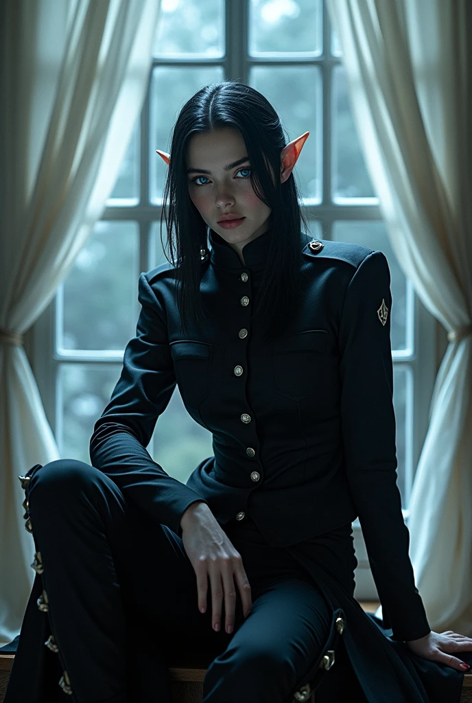 Young Men, imposing,black military clothing. pointy ears. Shoulder length black hair with only the top part pulled back behind her head. blue eyes. fae. pale white skin. Digital art. Sitting on the edge of a window with the night in the background, White curtains fluttering in the night wind.