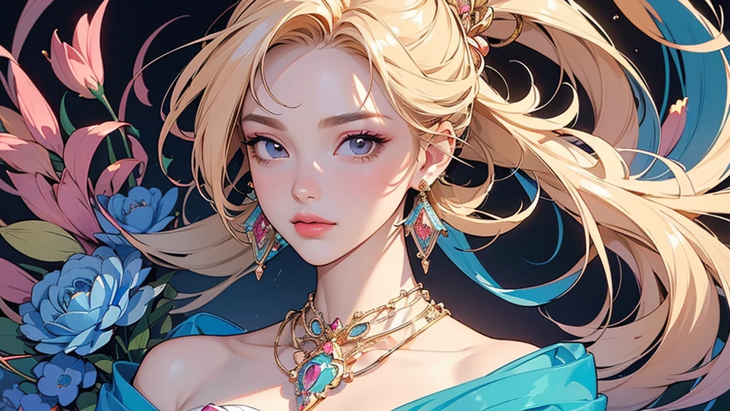 32K, 最高quality, 最高masterpiece, (ultra-Detailed Background, Detailed Background), High resolution, Super detailed, Very detailedな, 1 personの, (bouquet:1.3), (Tangled:1.2), (Geometric:1.2),(colorful),(masterpiece, quality, best quality, Official Art, Beautiful and beautiful:1.2), (1 person:1.3), Very detailed,(colorful:1.1)(Flowers:1.3),Most detailed,(Tangled:1.2), whole body, (Abstract background:1.3), (Skin glows), (Many colors:1.4), ,(Earrings Jewelry:1.5), Gradient Background, It's imaginative., Flaxen Hair,