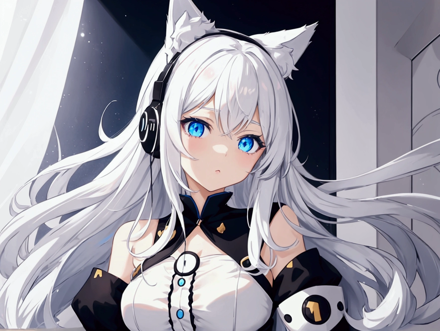 An anime girl with a pair of cat ears,  the inside of the ears is soft white fluff, Beautiful eyes, white hair, Blue eyes, with headphones, an anime boy, Beautiful eyes, white hair, Blue eyes, with headphones, in love