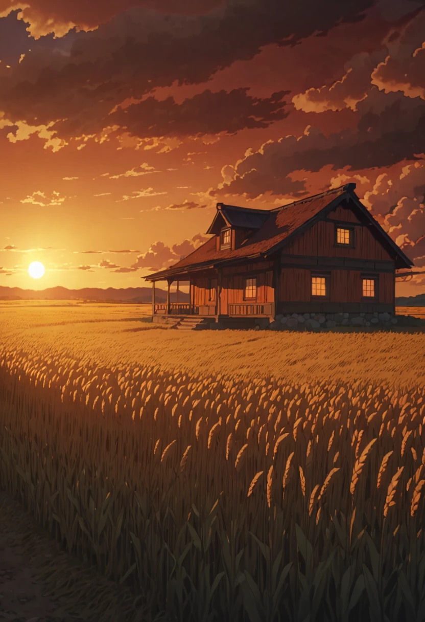 masterpiece!!!! 8k a stone cabin in the middle of the barley field ANIME GHIBLI STYLE!!!!! The image shows a serene hellish sunset scene with (orange clouds.yellow and red)   golden clouds lighting shadow, 8khdr sol ilumination!!!! sunrise clouds