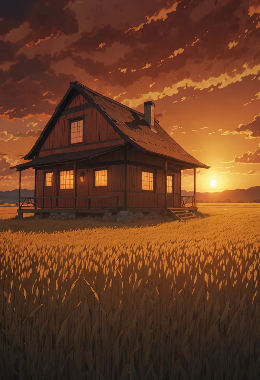 masterpiece!!!! 8k a stone cabin in the middle of the barley field ANIME GHIBLI STYLE!!!!! The image shows a serene hellish sunset scene with (orange clouds.yellow and red) golden clouds lighting shadow, 8khdr sol ilumination!!!! sunrise clouds