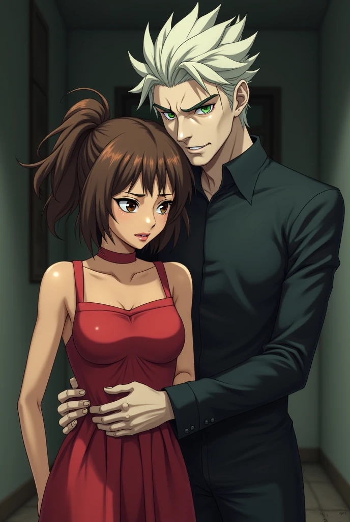 brown hair messy bun woman crying with brown eyes,tan skin a tall man with white blonde hair,plae skin and green eyes he pulls her dress strips tighter whiles smirking in lost in a she wear a red dress anime skin