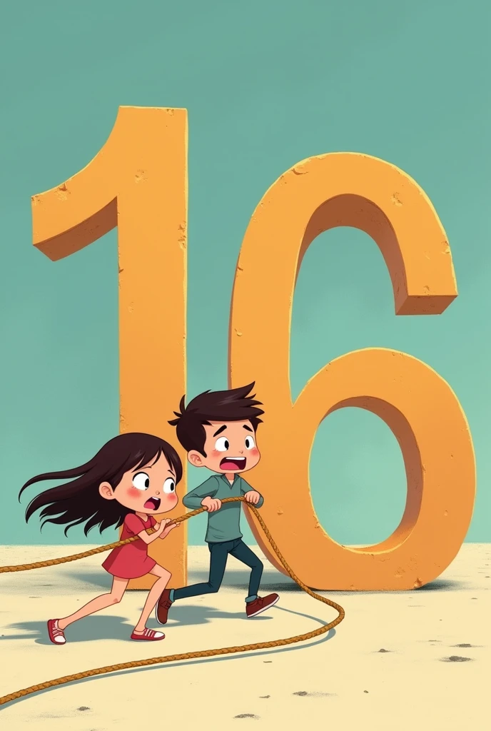 Create a drawing where a girl is forcing her boyfriend to go towards a large number that says 16 animated but they can be seen heading towards the number but the boyfriend is bald but do it with the girl happy and the boyfriend scared because the girlfriend has him tied up as they are heading towards 16