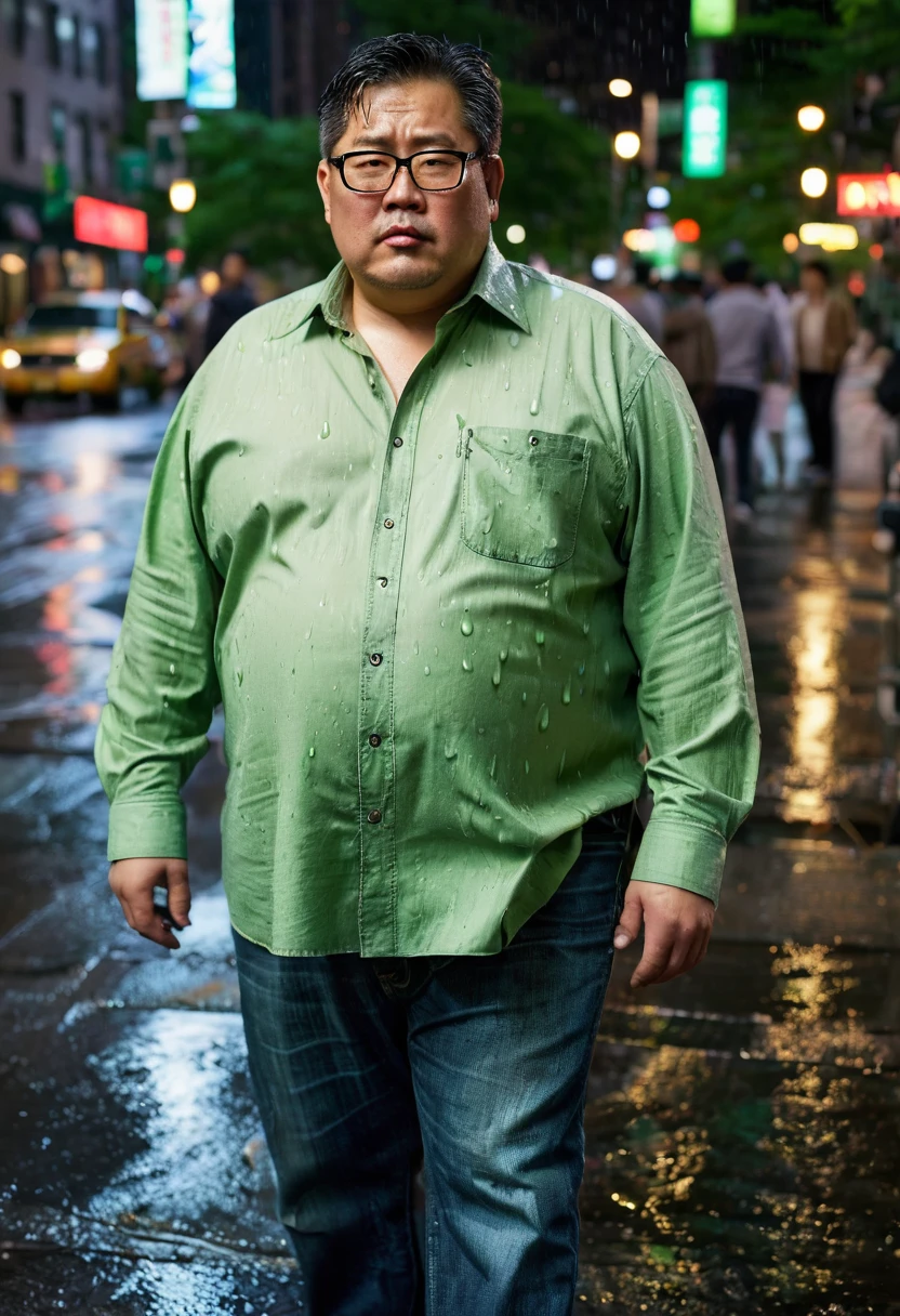 Man, Asian, 50 years old, Fat, Chubby, wearing glasses, wearing light green an unbuttoned shirt, wear jeans, on street, New York City, Wet, Stained, Raining, night time, looking sad, sharp image, beautiful lighting, bird eye view.