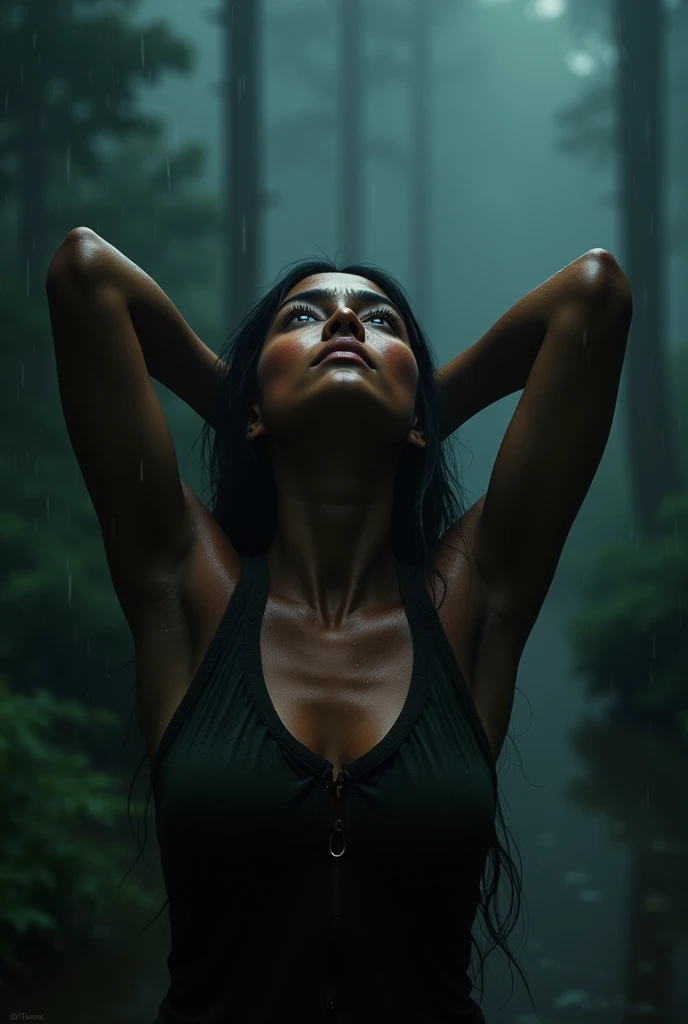 An upper body photo of a beautiful woman with a hypnotic and intense gaze, Showing armpits, raising hands above head, tilting your head back, with his face illuminated by a dim light and wearing purple clothes. The background is dark, full of trees and fog, with raindrops falling heavily, creating a unified, cool atmosphere. Her skin is slightly dark, of slightly indigenous descent. His expression is one of wonder and admiration, and your eyes reflect the bright light. soaked film, 4K , 8k ,ultra HD, slightly sweaty skin, close up,