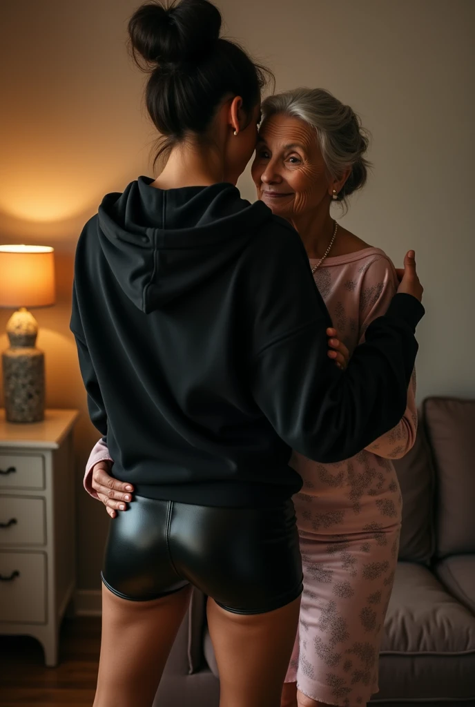 black woman hair in a bun black hoodie black leather short shorts being fucked in the ass by a old grandma in a dress
