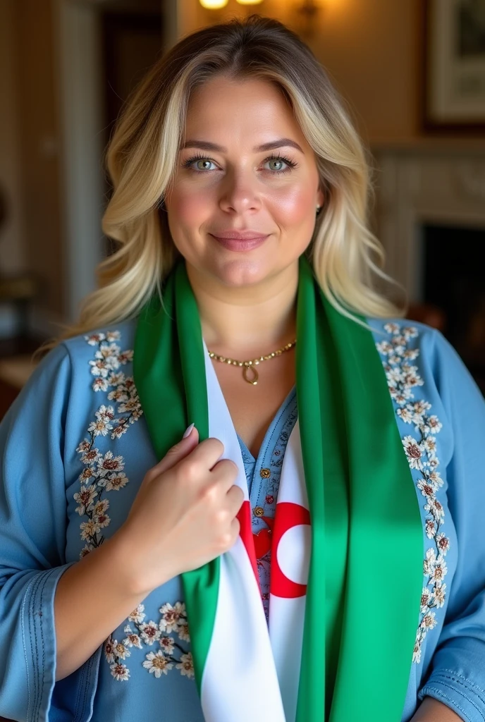 Close up, woman, blonde, plump, green eyes, wearing a latest style blue embroidered caftan, holding the Algerian flag around her neck, white and green, looking directly at the camera, she is standing on a very beautiful living room