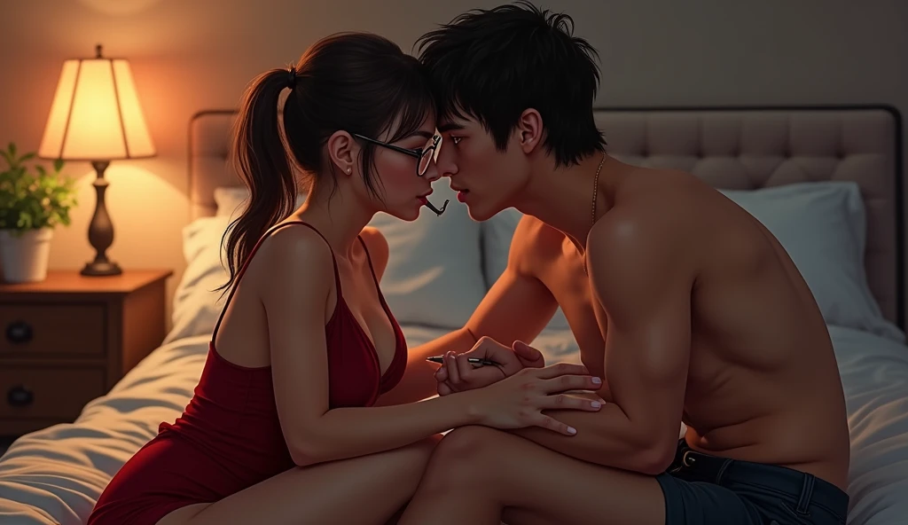 cute,Wearing sexy red one-piece lingerie、a low ponytail and slightly round glasses.、Studying barefoot at her desk. She looks sexy even without makeup. She has a pen in her mouth. Her dominant boyfriend pulls her onto his lap、He starts to leave hickeys. He pushed her down on the bed, She still wears glasses、Her hair is loose . They kiss each other's lips