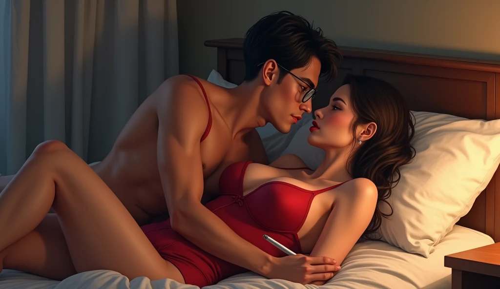 cute,Wearing sexy red one-piece lingerie、a low ponytail and slightly round glasses.、Studying barefoot at her desk. She looks sexy even without makeup. She has a pen in her mouth. Her dominant boyfriend pulls her onto his lap、He starts to leave hickeys. He pushed her down on the bed, She still wears glasses、Her hair is loose . They kiss each other's lips