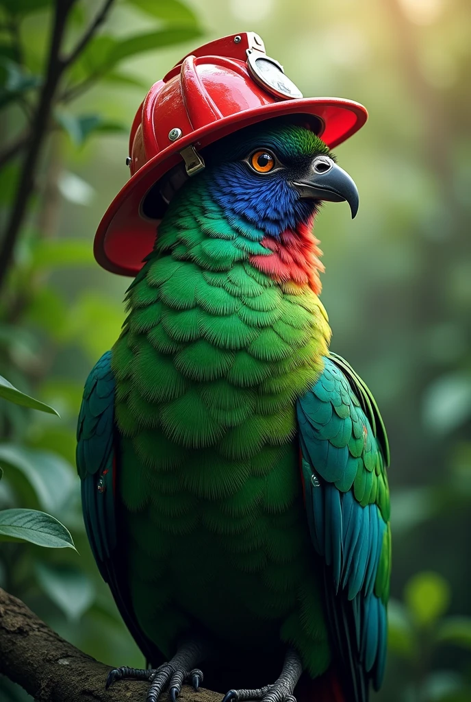Quetzal with firefighter helmet