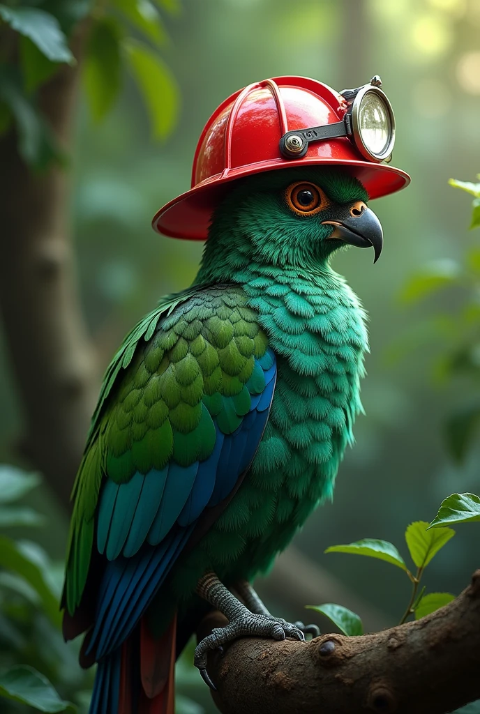 Quetzal with firefighter helmet