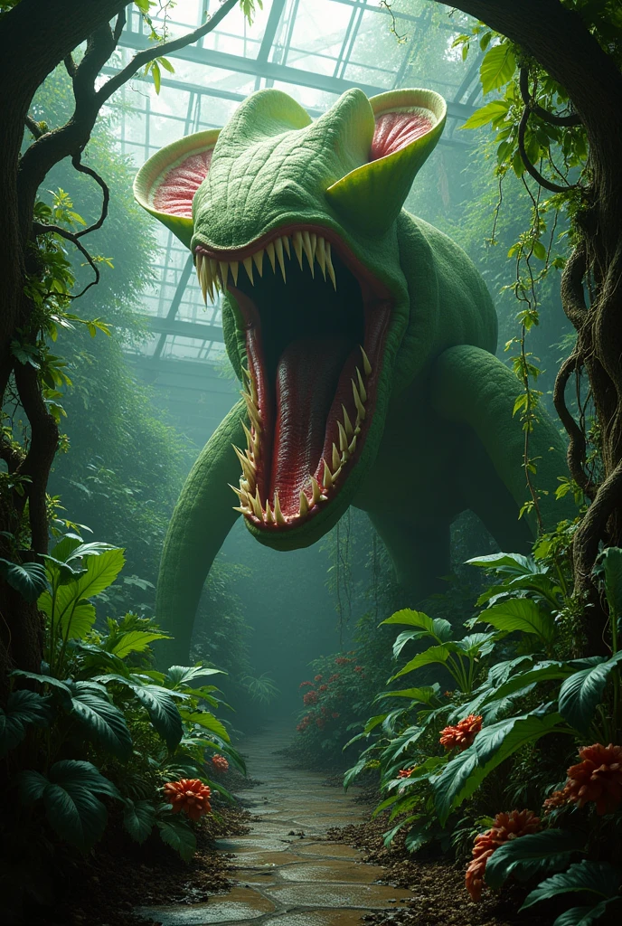 (( 80s horror )) conservatory with several plants venus fly trap with sharp teeth .