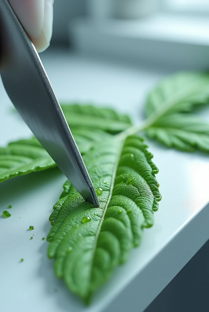 A scalpel blade cutting a minthostachys mollis leaf in a laboratory room