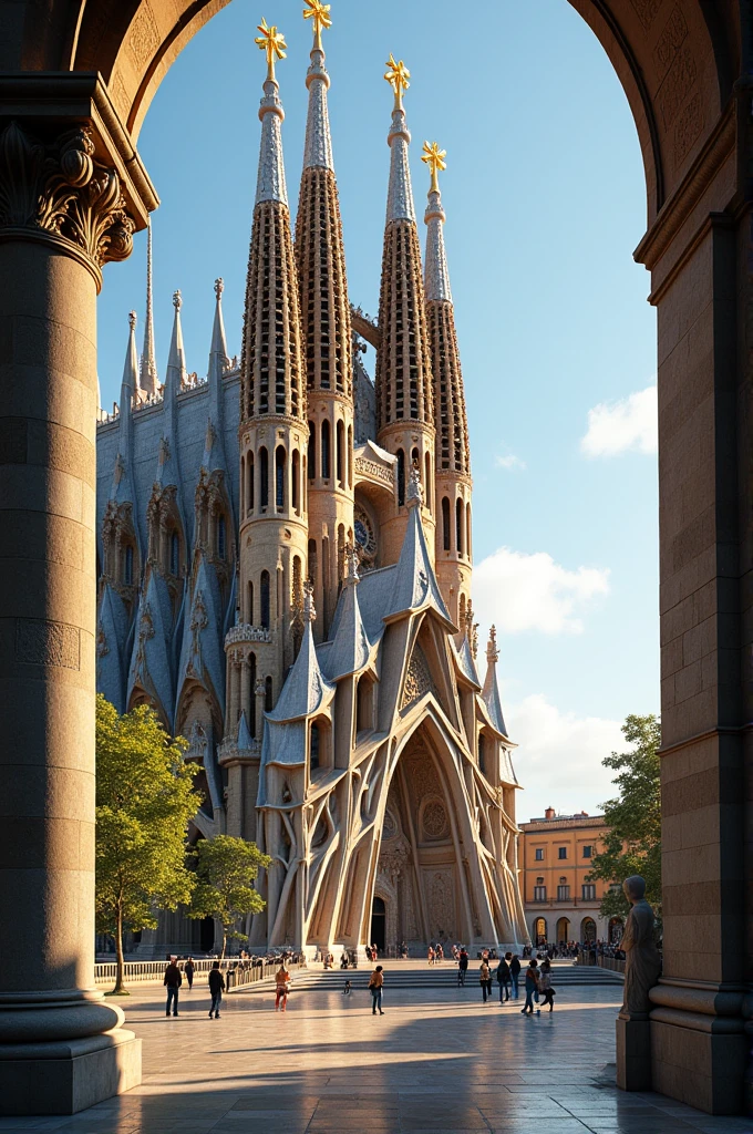 Ultra-realistic 4K image of the Sagrada Família in Barcelona, Spain, taken during a sunny afternoon. The image captures the intricate stone carvings of the Nativity façade, with its organic forms, religious figures, and detailed sculptures visible in sharp clarity. The towering spires are seen against a bright blue sky, with light streaming through the stained glass windows, casting colorful reflections inside the basilica. Every texture of the stone, every shadow, and the play of light on the facades are rendered with high realism.”