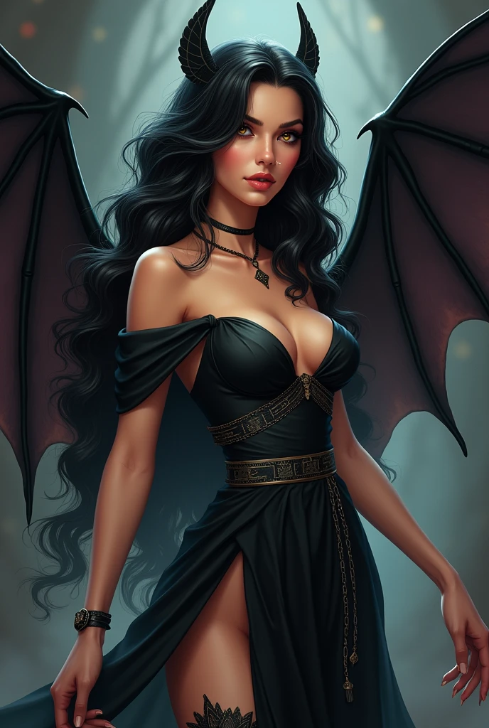 Beautiful adult woman with black hair and amber eyes, perfect curvy anatomy and pale skin, Ancient Greek clothing in black with bat wings and darker tones in the background in a cartoon style