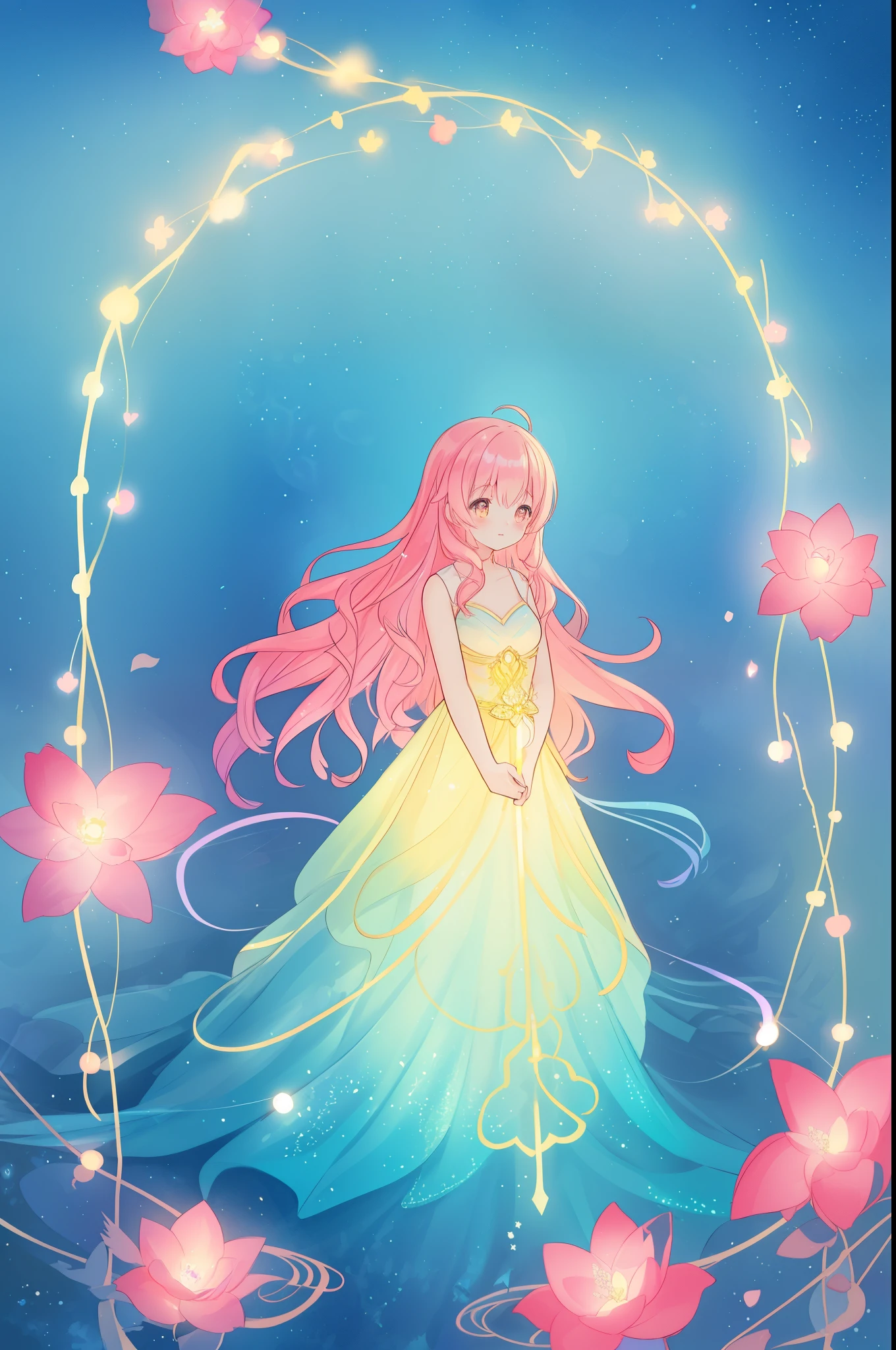beautiful anime girl in flowing layered ballgown, vibrant pastel colors, (colorful), magical lights, magical flowers, flowers, glowing lights, red pink long wavy hair, sparkling lines of light, inspired by Glen Keane, inspired by Lois van Baarle, disney art style, by Lois van Baarle, glowing aura around her, by Glen Keane, jen bartel, glowing lights! digital painting, flowing glowing hair, glowing flowing hair, beautiful digital illustration, fantasia background, whimsical, magical, fantasy, beautiful face, ((masterpiece, best quality)), intricate details, highly detailed, sharp focus, 8k resolution, sparkling detailed eyes, liquid watercolor