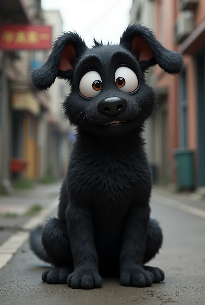 Chubby black stray dog with short hair 