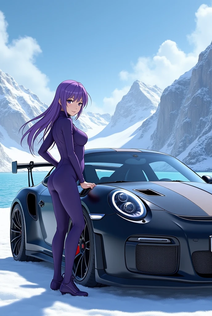 anime girl with purple clothes next to a black porsche gt3 rs in the snow with a lake behind realistic but only with the front of the car