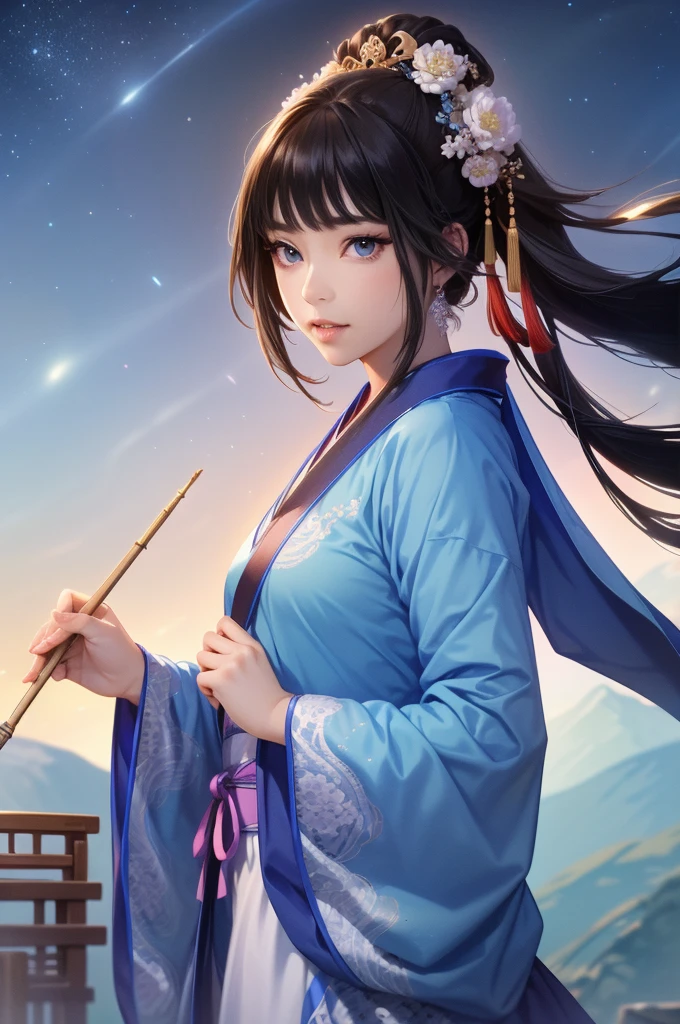 Starry sky landscape、shooting star、Outdoor、 Han Dynasty Landscape、Three Kingdoms、(Highest quality,4K,8k,High resolution,masterpiece:1.2)、Very detailed, High resolution,、Hyper HD、Studio Lighting、Ultra-fine painting、 Sharp focus、 Physically Based Rendering、 Very detailed説明、 Professional、 Vibrant colors、Traditional Chinese Painting Techniques、 Atmospheric lighting、 Vivid color contrast、 Ethereal atmosphere、Very detailed目と顔、 Beautiful attention to detail、 Light on the face、Hanfuを着た少女、(Hanfu: 1.1)、Eyes are green、(((1 girl)))、Dancing on the mountaintop