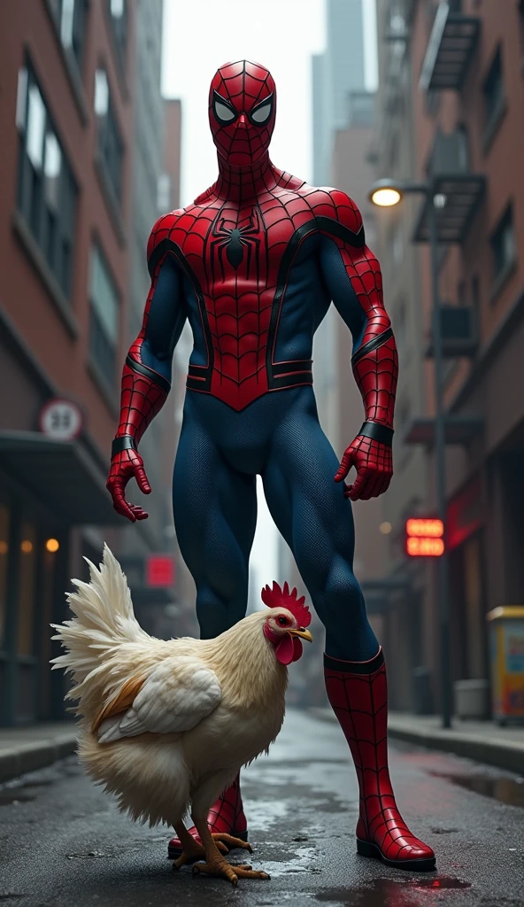 Spiderman holding a chicken by neck