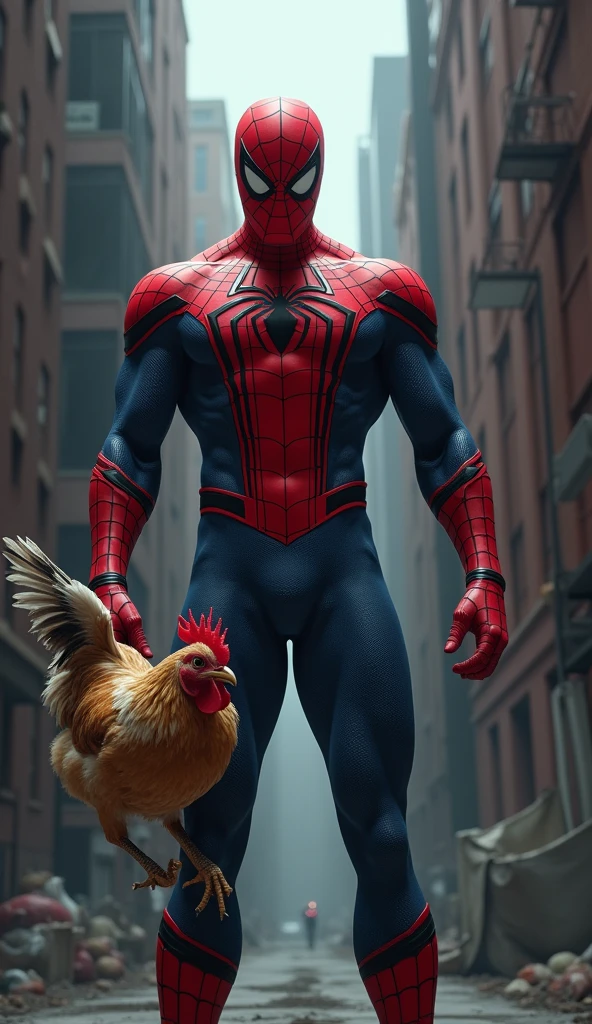 Spiderman holding a chicken by neck