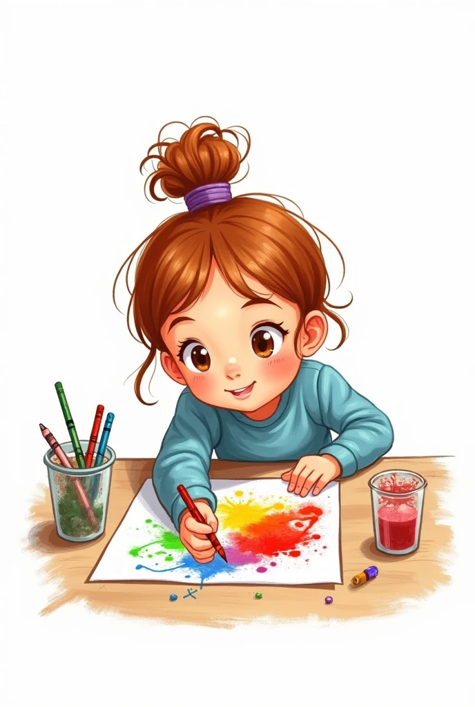 girl picture cartoon, crayons painting, background white